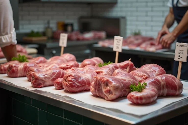 Étal de boucherie présentant des abats d'agneau frais sur papier blanc dans une charcuterie traditionnelle française