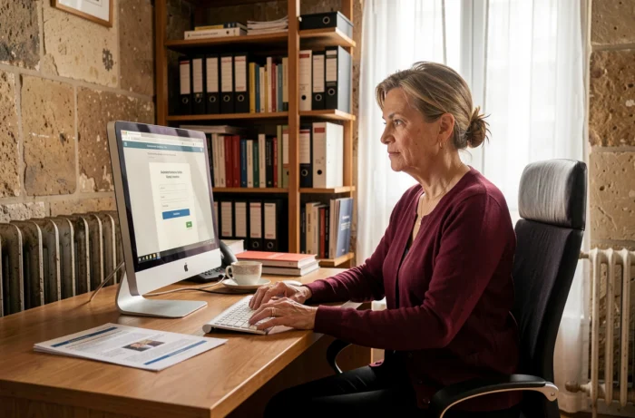Fonctionnaire parisienne se connectant à son espace IntraParis nomade depuis un bureau à domicile dans un appartement haussmannien