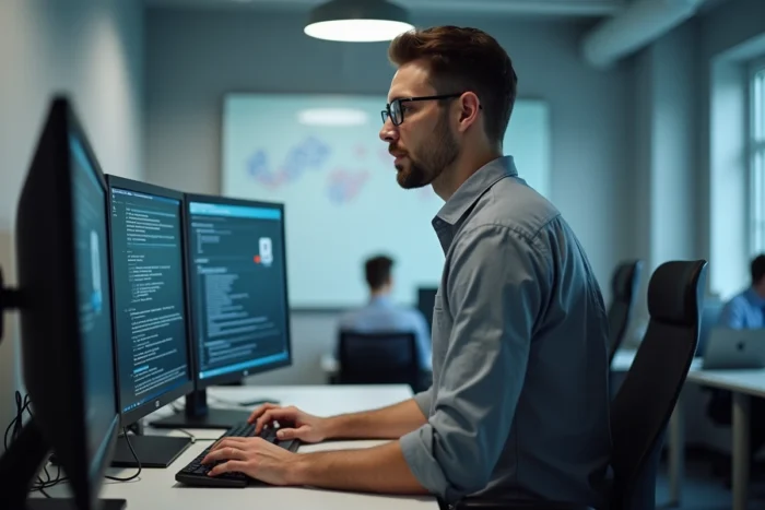 Administrateur informatique configurant un accès sécurisé à la plateforme académique Arena Versailles sur un poste de travail professionnel