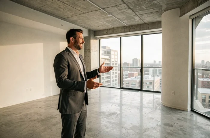 Agent immobilier présentant un appartement moderne vide avec vue panoramique sur la ville dans un immeuble haut de gamme