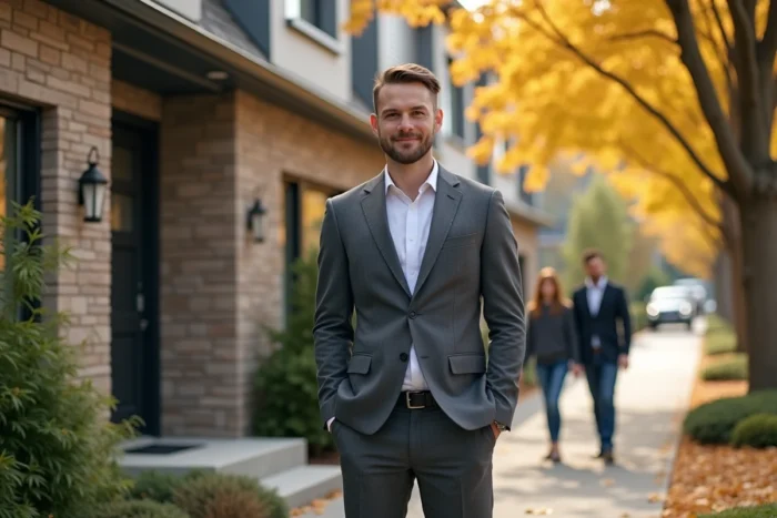 Agent immobilier présentant une maison individuelle à une famille dans un quartier résidentiel