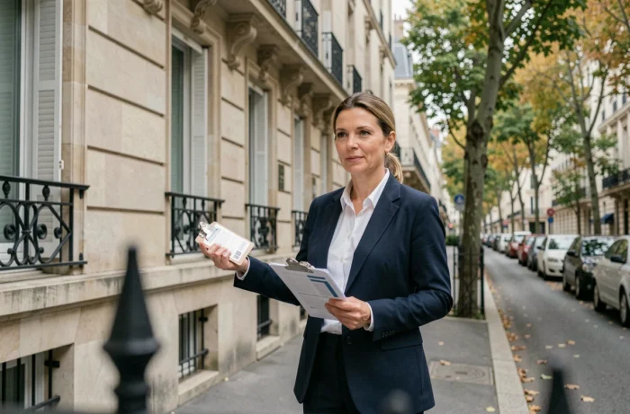 Agente immobilière en ville présentant un immeuble résidentiel à un potentiel acheteur ou locataire