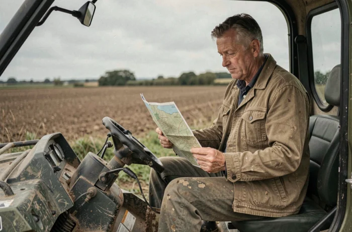 Agriculteur en veste de travail assis dans un quad cabine en train de consulter une carte sur un champ agricole
