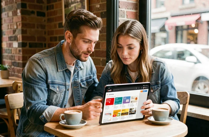 Deux amis dans un café consultant une sélection de cartes cadeaux en ligne sur une tablette