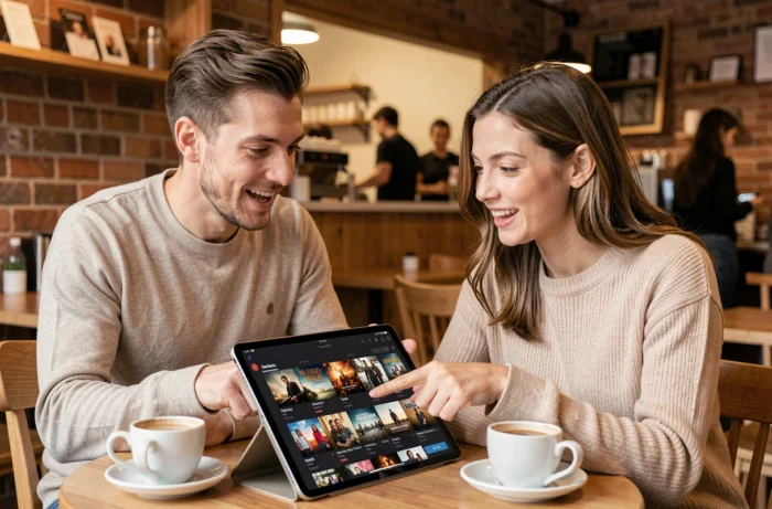 Deux amis dans un café regardant une plateforme de streaming sur tablette et discutant de séries télévisées