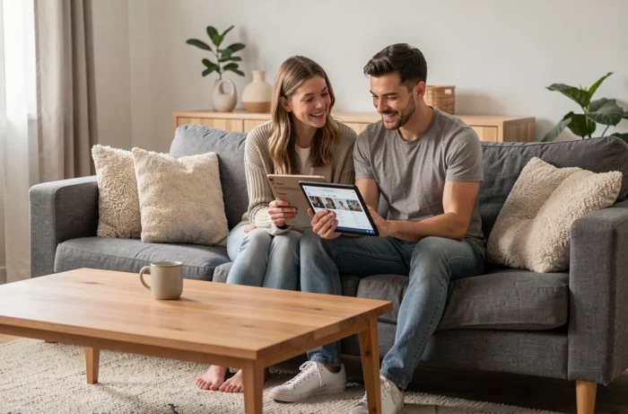 Deux amis consultant ensemble les demandes de suivi Instagram sur une tablette dans un salon cosy