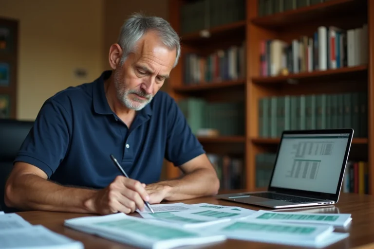 Homme analysant les statistiques officielles des courses de trot avec des fiches de données Infonet 5 sur un bureau en bois