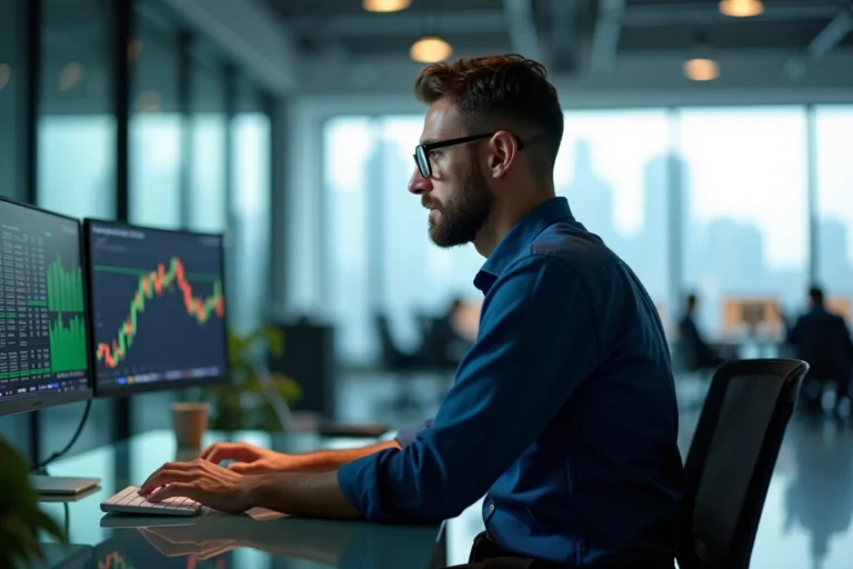 Analyste financier consultant des graphiques de cryptomonnaies sur écran double dans un bureau moderne en 2024
