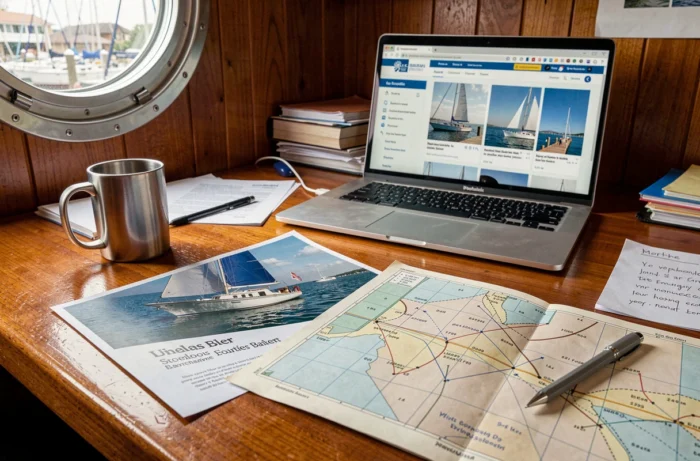 Documents de vente et annonces de voilier en acier d'occasion sur un bureau de courtier maritime avec carte nautique et brochure