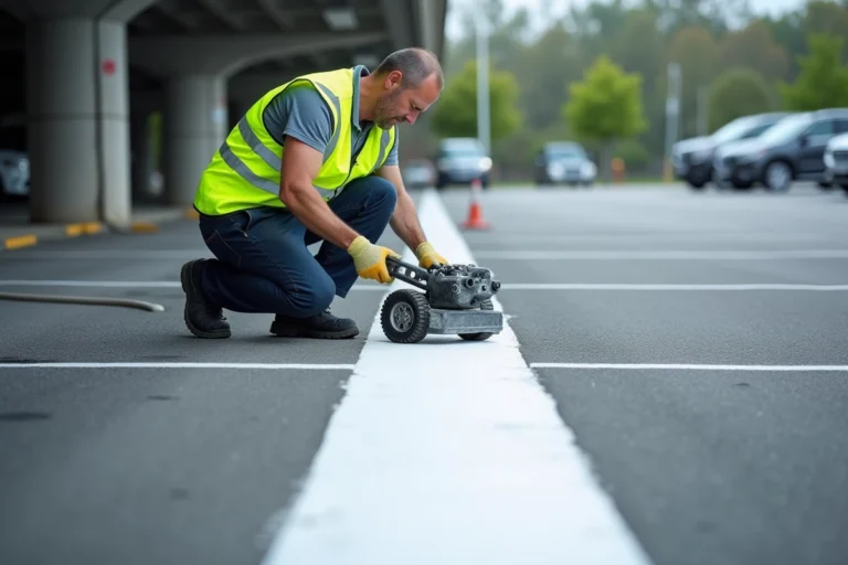 Ouvrier appliquant de la peinture de marquage au sol blanche dans un parking extérieur avec une machine à tracer