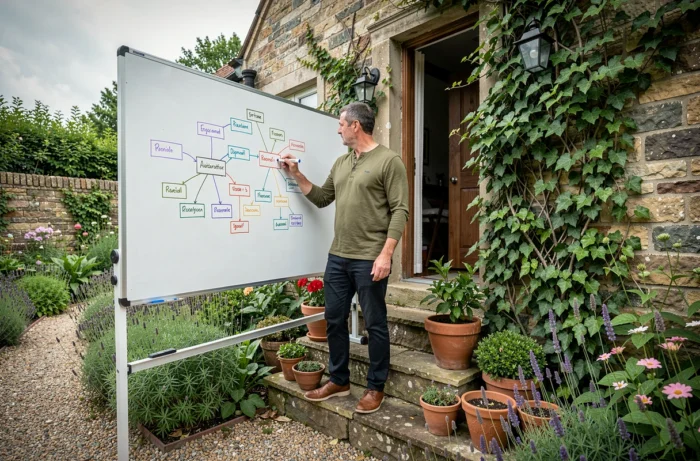 Homme dessinant l'arborescence d'un site web de jardinage sur un tableau blanc installé dans un jardin de cottage