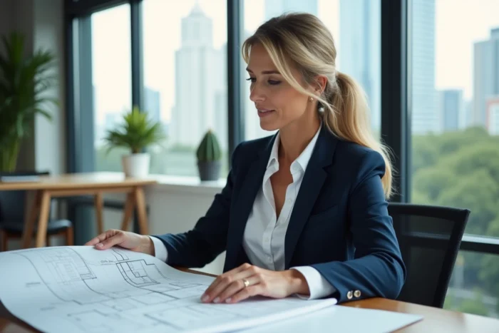 Architecte immobilière analysant des plans de construction dans une agence moderne en 2024