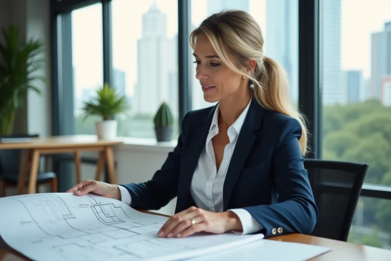 Architecte immobilière analysant des plans de construction dans une agence moderne en 2024