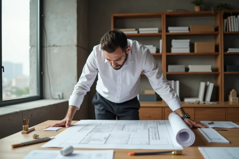 Architecte homme travaillant sur des plans avec des outils de dessin techniques dans un studio professionnel moderne