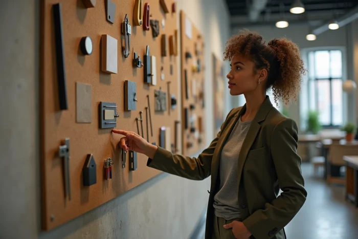 Architecte femme présentant un panneau d'outils et de matériaux indispensables dans un bureau d'architecture collaboratif