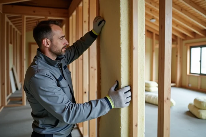 Artisan posant des panneaux de laine minérale entre des montants en bois lors de travaux d'isolation d'une maison