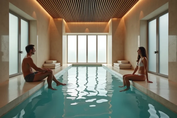 Vue grand angle d'un spa intérieur avec banquette de piscine en pierre grise sur trois côtés, deux adultes assis dans l'eau dans un espace bien proportionné