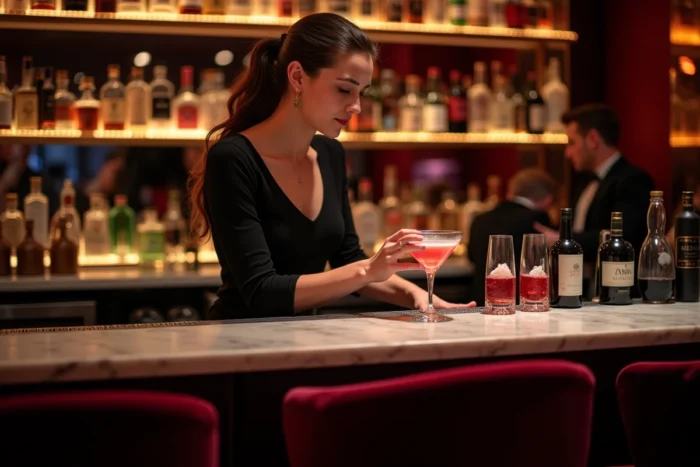 Barmaid préparant des cocktails dans un bar élégant de boîte de nuit à Rennes