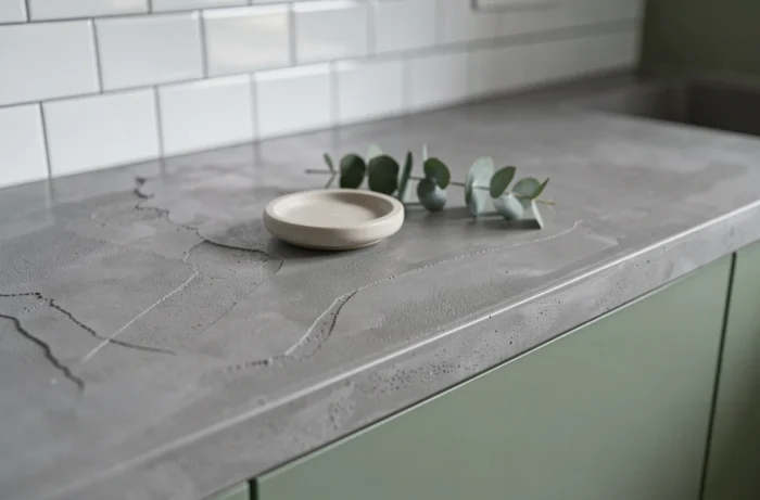Plan de travail en béton ciré avec texture lissée dans une cuisine moderne aux façades vert sauge et crédence en carrelage blanc