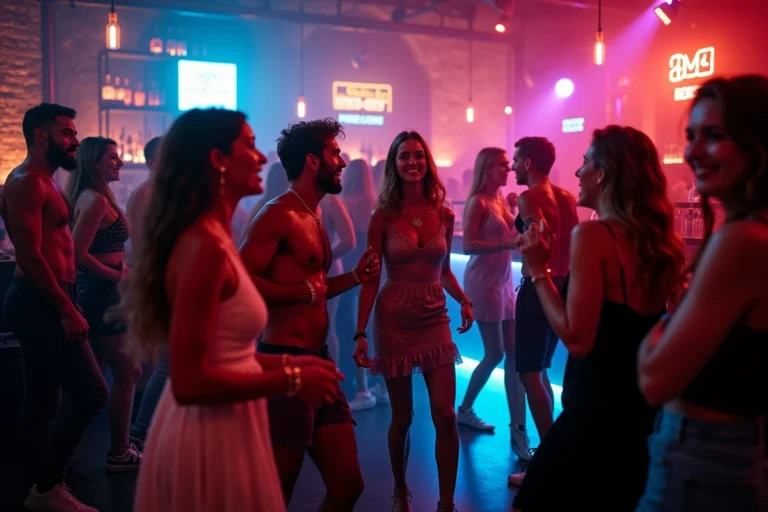 Groupe de jeunes adultes dansant dans une boîte de nuit à Rennes avec décoration néons et ambiance festive
