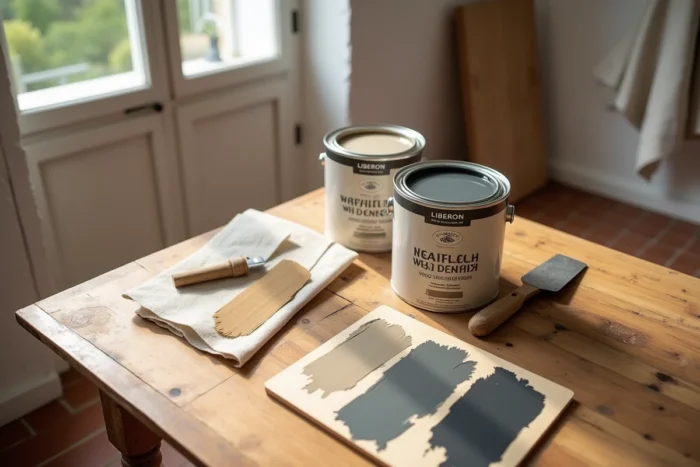 Boîtes de peinture Libéron et planche de teintes sur une table en bois dans un contexte de rénovation intérieure