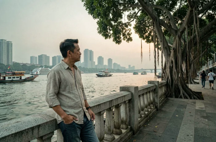 Promenade au bord de la rivière des Perles à Guangzhou avec vue sur le quartier de Haizhu au crépuscule