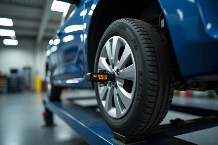 Capteur de géométrie numérique fixé sur la jante d'une Peugeot 208 lors d'un contrôle du parallélisme