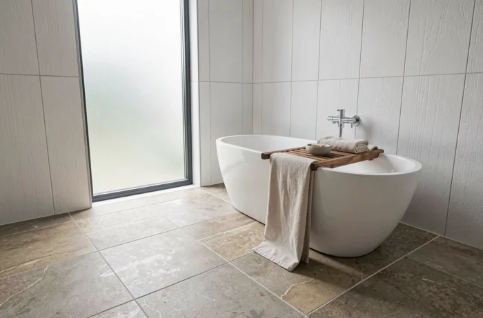 Salle de bain moderne avec carrelage grand format effet pierre en tons grège et mur en faïence mate blanche texturée
