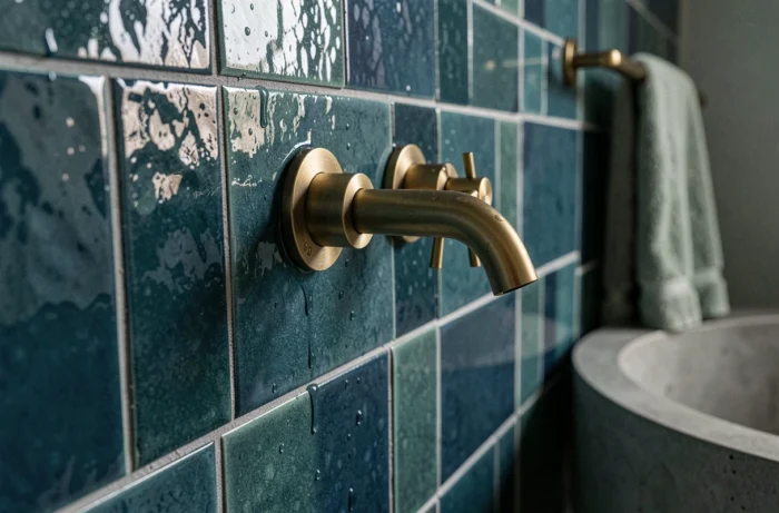 Gros plan sur un carrelage zellige bleu-vert artisanal dans une salle de bain avec robinetterie en laiton brossé