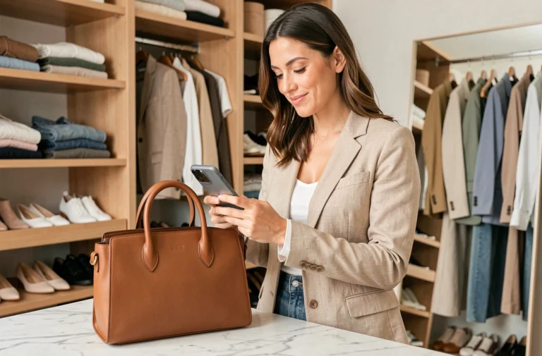 Femme stylée photographiant un sac de luxe dans son dressing pour le vendre sur Vinted