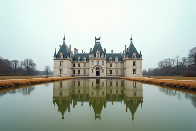 Vue panoramique du château de Chambord reflété dans les eaux du miroir d'eau en automne