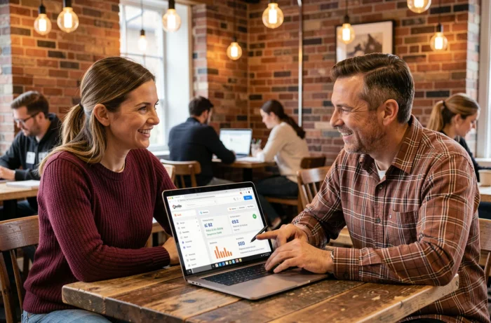 Deux professionnels collaborant sur un audit de site web dans un espace de coworking avec un rapport de performance affiché à l'écran