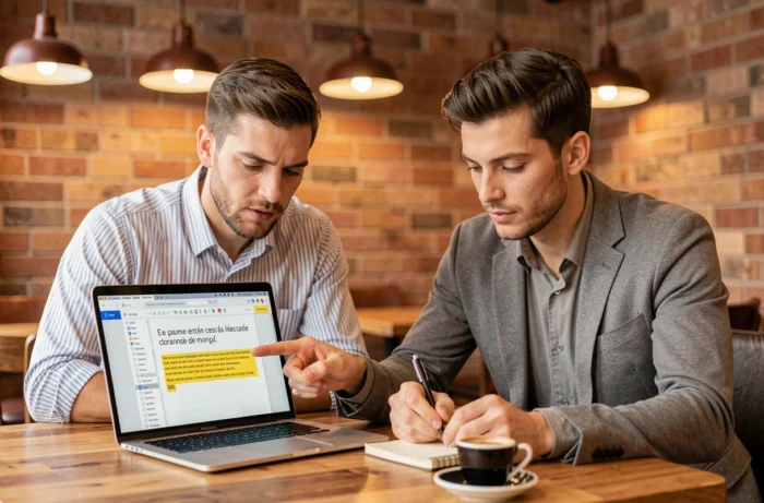 Deux collègues discutant de la bonne orthographe d'une expression française devant un ordinateur portable dans un café
