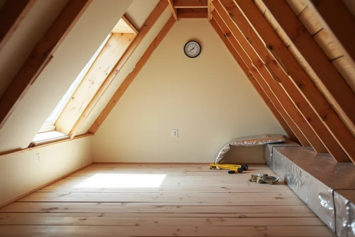 Combles aménagés avec isolation en panneaux rigides, pare-vapeur et thermomètre mural dans une maison rénovée