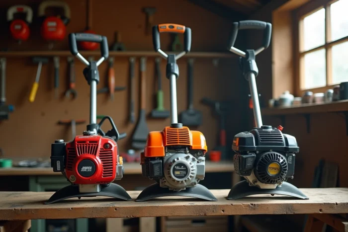 Comparaison de trois coupe-bordures thermiques de différentes marques posés côte à côte sur un établi en bois dans un atelier de jardinage