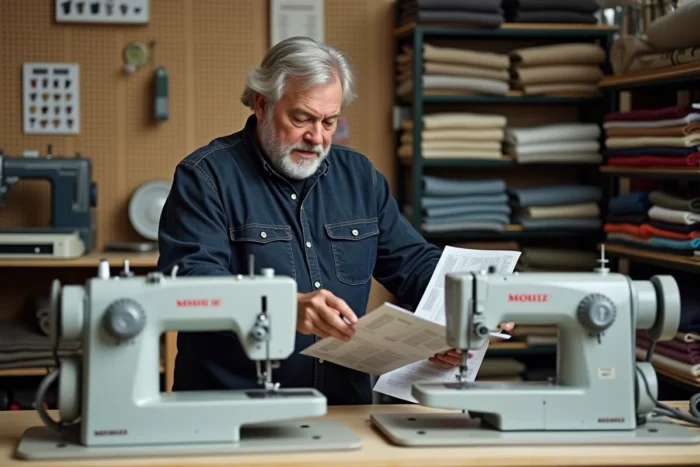 Homme comparant deux machines à coudre robustes pour grosses épaisseurs dans un espace professionnel de vente et conseil en matériel de couture