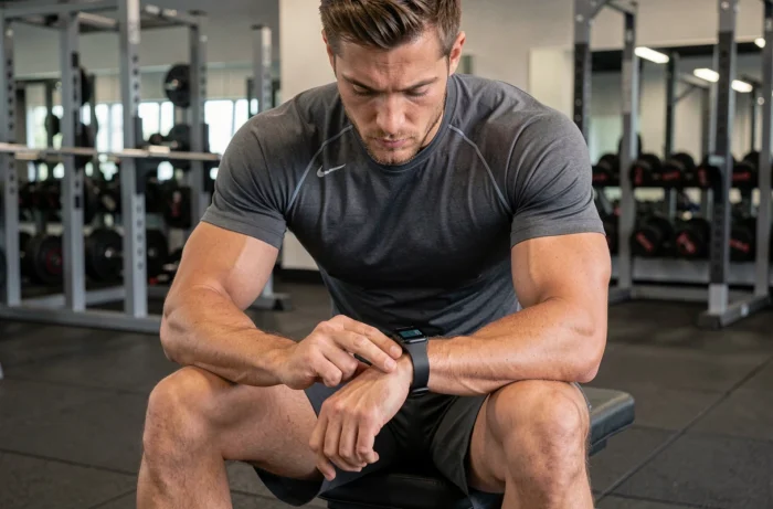 Sportif comparant deux montres connectées de fitness dans une salle de sport moderne