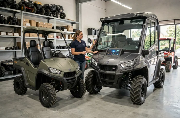 Deux modèles de quads avec cabine exposés dans un showroom de concession agricole avec une conseillère de vente