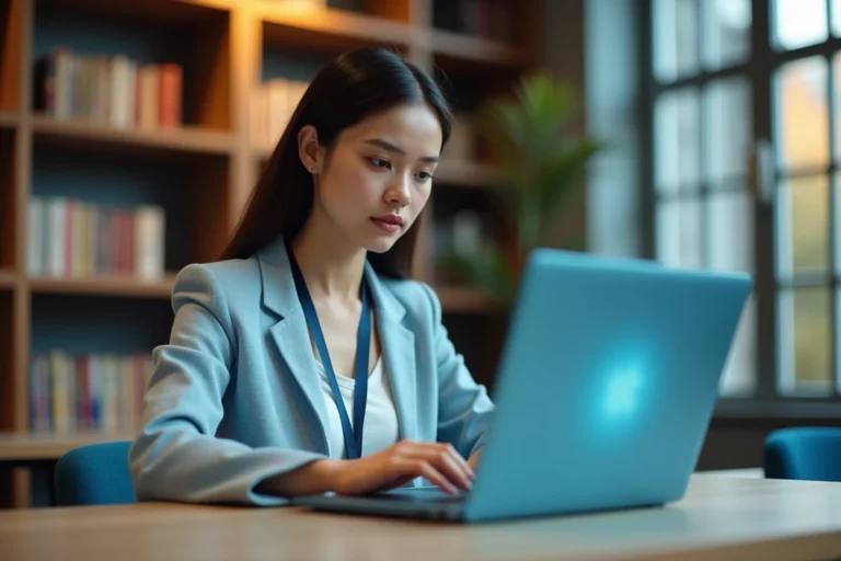 Étudiante connectée à son compte académique Arena Versailles sur un ordinateur portable dans une bibliothèque universitaire moderne