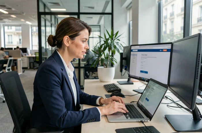 Employée municipale connectée à son compte IntraParis nomade sur un ordinateur portable dans un bureau moderne parisien