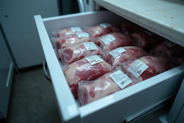 Tiroir de congélateur domestique avec des sachets sous-vide d'abats d'agneau étiquetés et organisés avec des dates de congélation