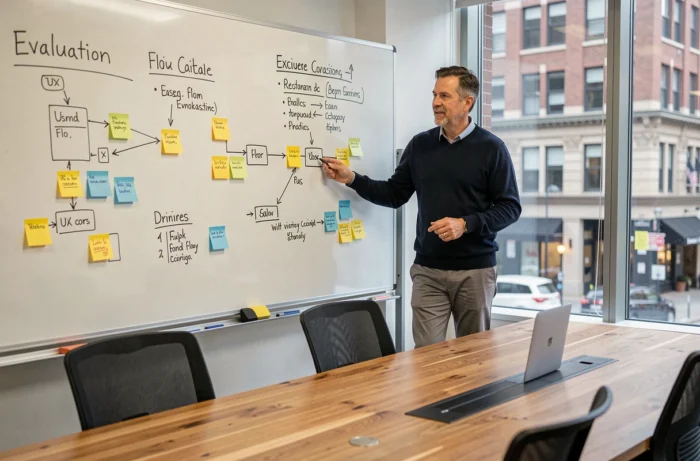Consultant web debout devant un tableau blanc avec des schémas UX et des critères d'évaluation de site internet