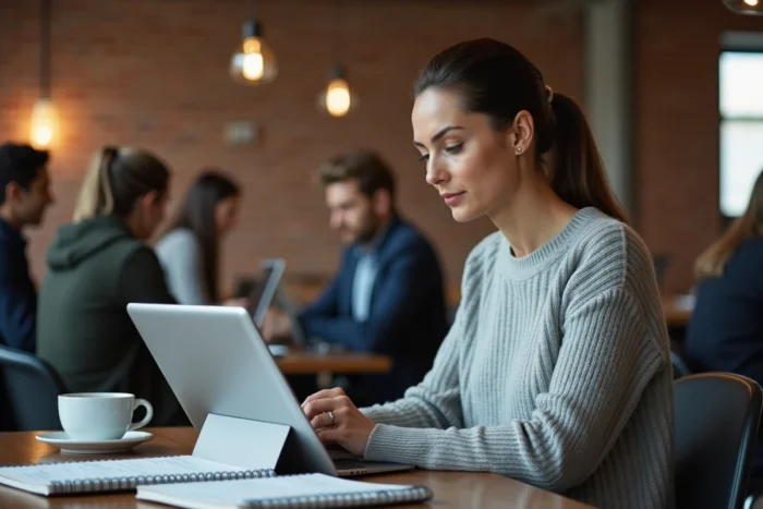 Femme consultant les données officielles de paris au trot sur une tablette dans un espace de co-working moderne
