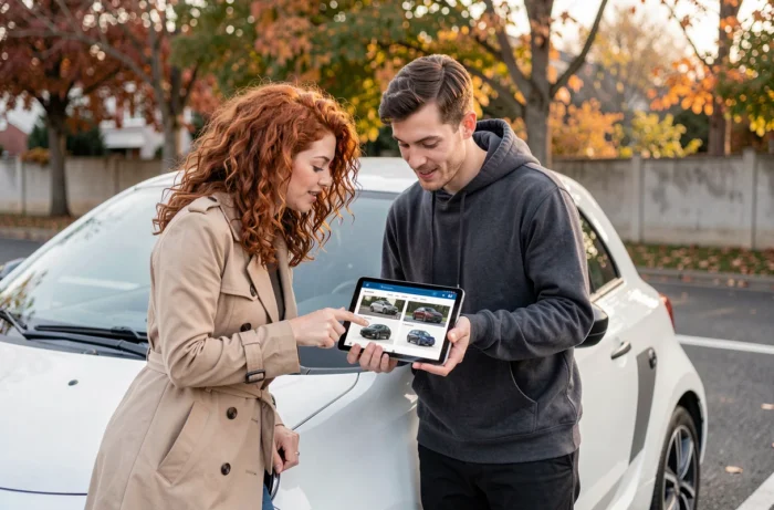 Couple consultant un annuaire automobile spécialisé sur tablette pour choisir leur prochaine voiture