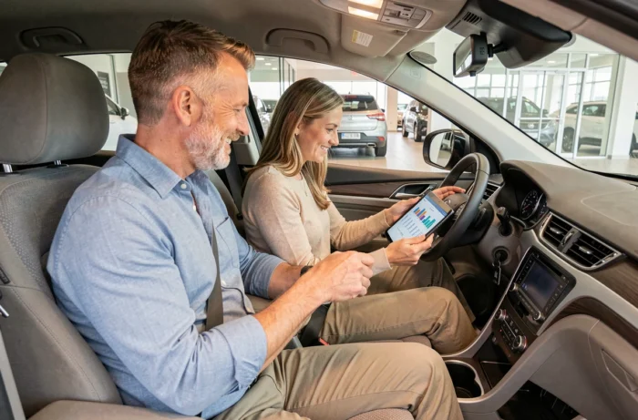 Couple en train de comparer des modèles de voitures à l'intérieur d'un SUV dans un showroom automobile pour trouver le véhicule adapté à leurs besoins quotidiens