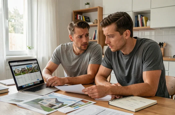 Couple analysant des documents immobiliers à une table en bois pour décider entre louer ou acheter en 2026