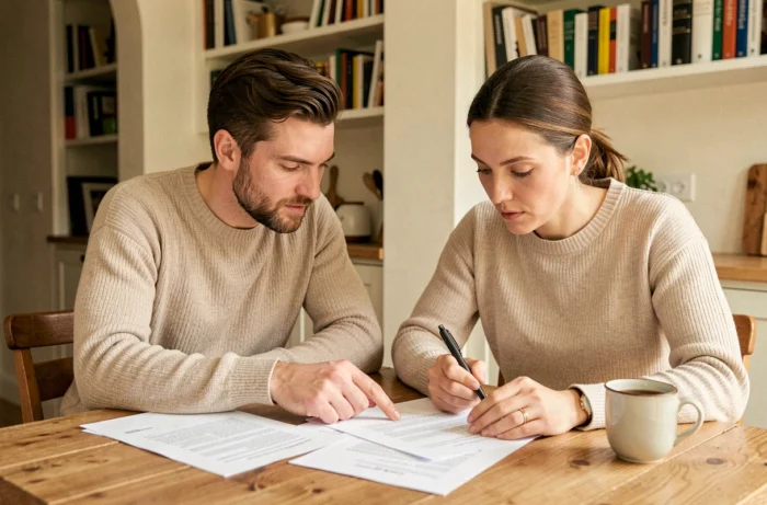 Couple en train de signer un contrat de crédit immobilier à la maison