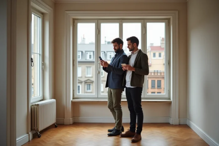 Couple visitant un appartement à vendre et consultant une application immobilière sur smartphone lors d'un investissement en ligne