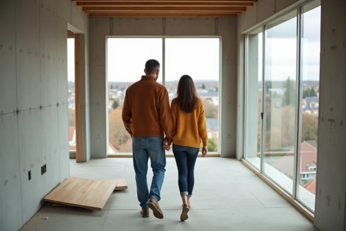 Couple visitant un appartement neuf en construction pour un projet immobilier en 2024