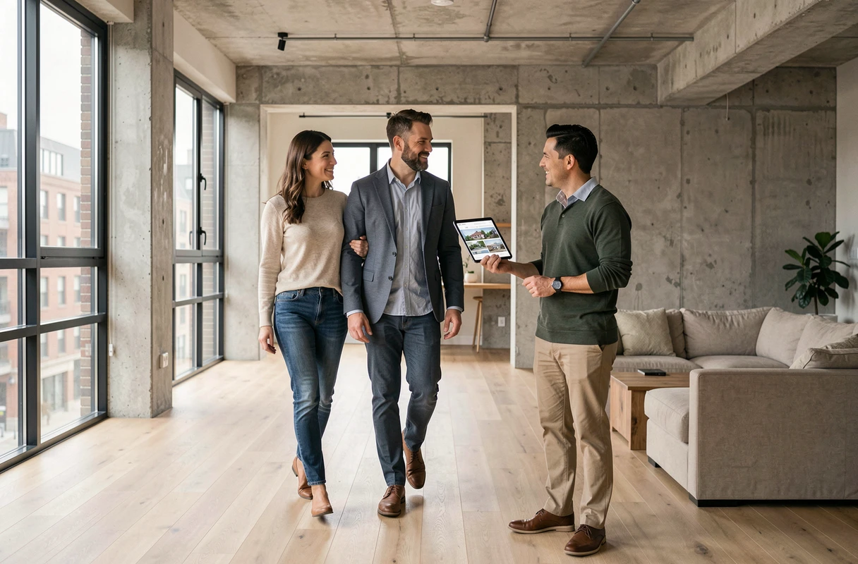Couple visitant un appartement rénové avec un agent immobilier, investissement dans l'immobilier locatif en 2024